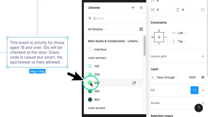setting fill color to text box using the preset color style green five hundred in figma