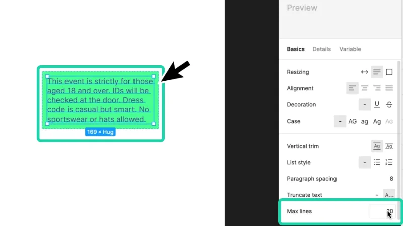 auto layout text box set to a max lines limit of twenty in figma