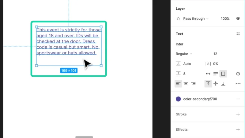text box sample of an age restriction and dress code warning in figma