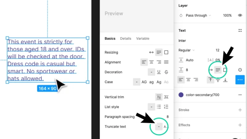 auto height text resizing option and truncate text button highlighted in figma