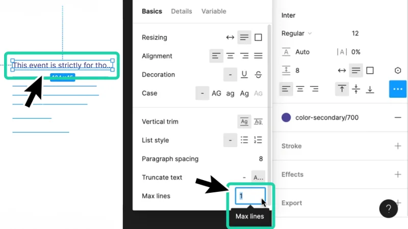 max line value in truncate text options set to 1 in figma