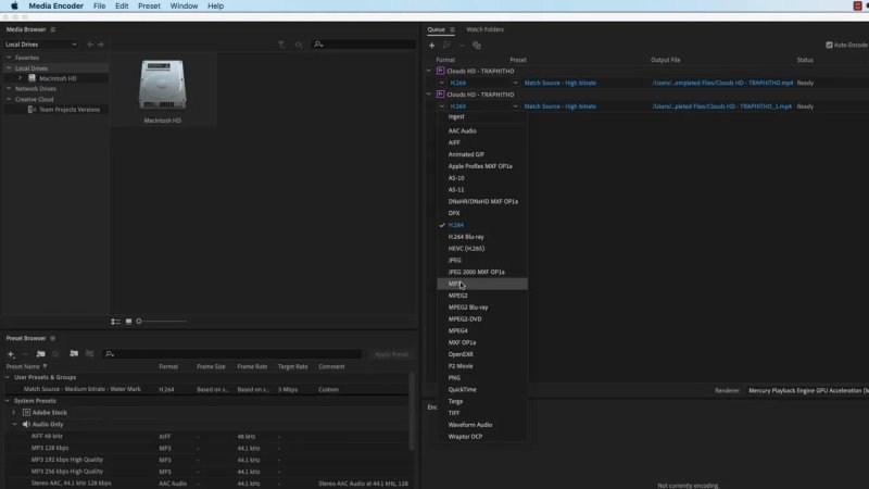 Adobe Media Encoder Queue panel expanding the export format dropdown menu to select codecs and container options, including H.264, Apple ProRes, and MP4.