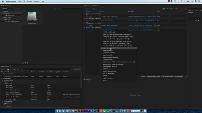Adobe Media Encoder Queue panel selecting the 