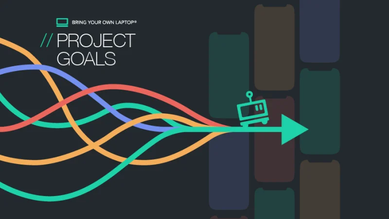 Illustration of green cartoon riding on colorful arrows with the text project goals