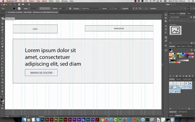 Illustrator workspace displaying a website wireframe with light blue vertical column guides, placeholder rectangles for Logo and Navigation, and a large Lorem Ipsum headline above a button reading 