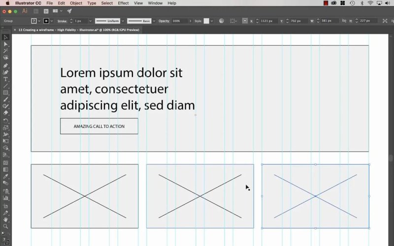 Illustrator artboard showing a responsive web wireframe with three rectangular image placeholder boxes marked with diagonal 'X' lines arranged across the bottom beneath the headline text.