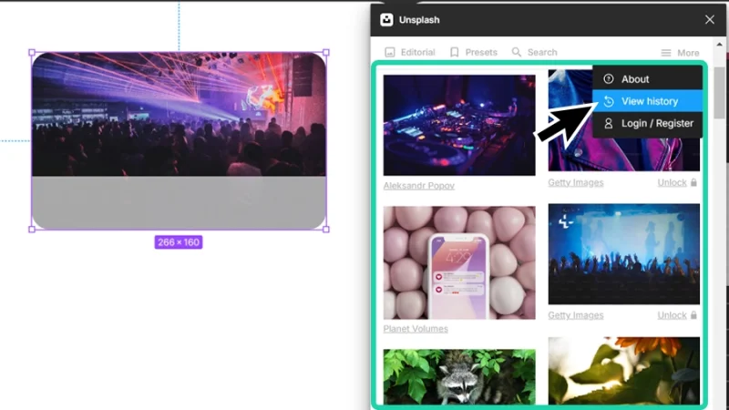 browsing unsplash view history results in figma