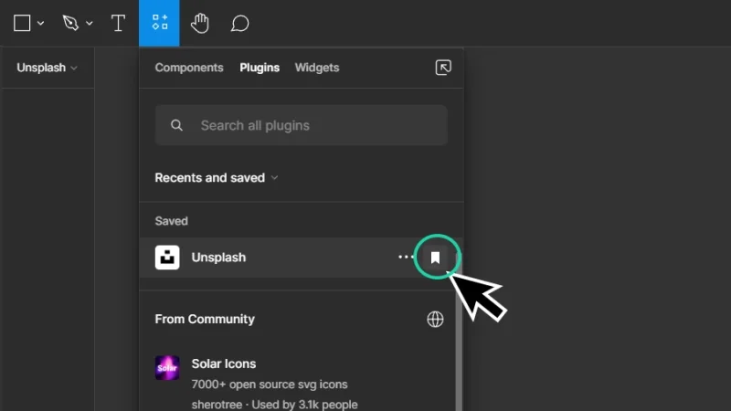 highlighted bookmark button for saving unsplash plugin in figma