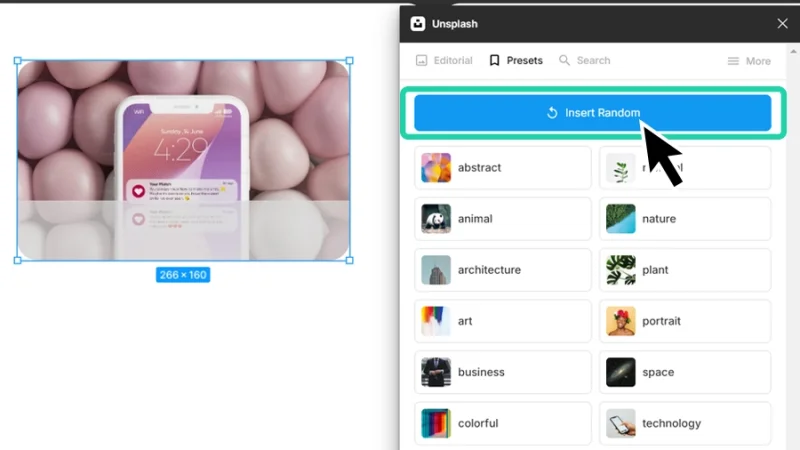 clicking unsplash insert random image button in figma
