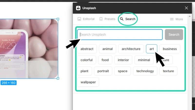 unsplash search bar and preset buttons in figma