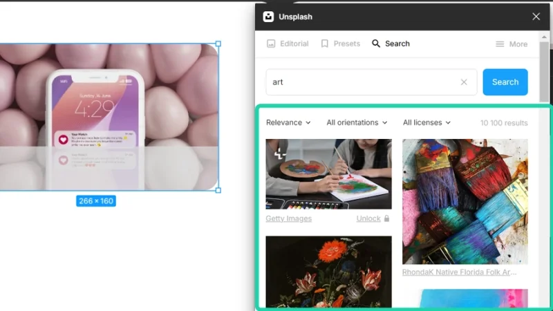 unsplash image collection results for art preset search in figma