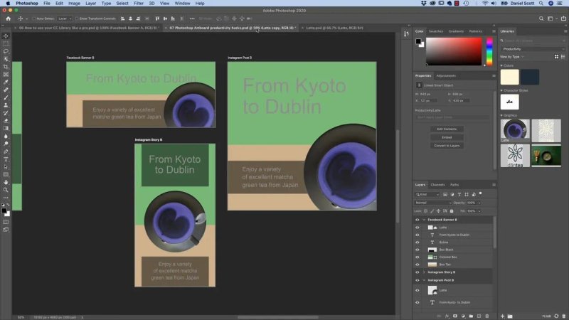 Photoshop interface showing three green social media ad artboards featuring a circular coffee cup cutout, with the Properties panel displaying Linked Smart Object options and the Libraries panel open on the right.