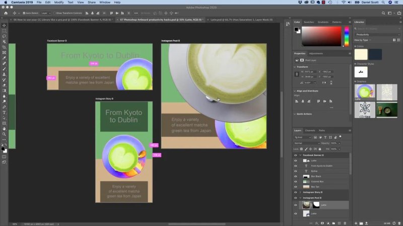 Photoshop canvas displaying three social layout artboards where the circular cup image has refreshed to show a bright green matcha latte with colorful perimeter accents and smart guide measurements.