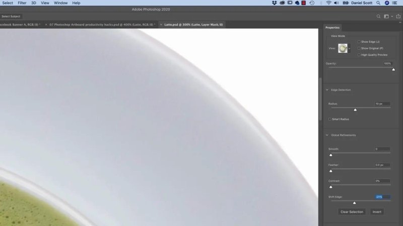 Close-up view of a white ceramic mug rim in Photoshop's Select and Mask workspace, showing Edge Detection set to a 10 px radius and Shift Edge set to -21% in the Properties panel.