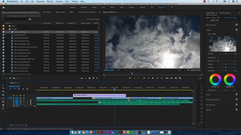 Premiere Pro timeline showing a B-roll clouds clip placed on track V2 overlapping the main footage on track V1.