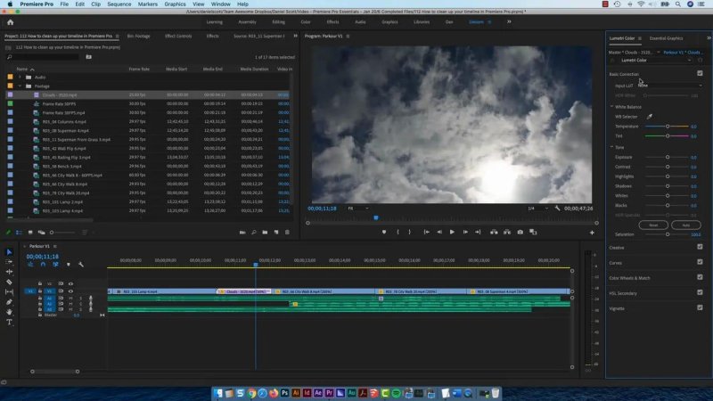 Premiere Pro timeline showing the trimmed B-roll cloud footage edited into a gap on the primary V1 video track.