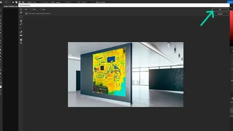 Artwork placed over black wall with Vanishing Point grid in adobe photoshop