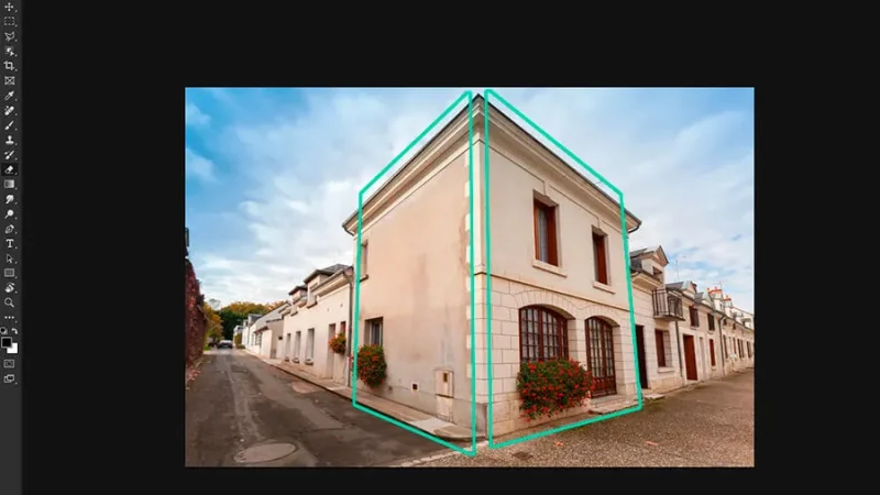 Building with highlighted perspective planes  in adobe photoshop