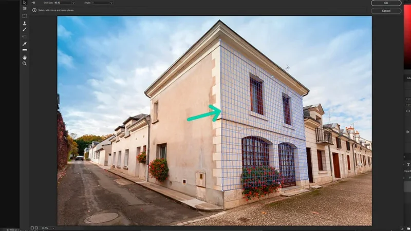 Highlighted grid over the front wall of a building in adobe photoshop