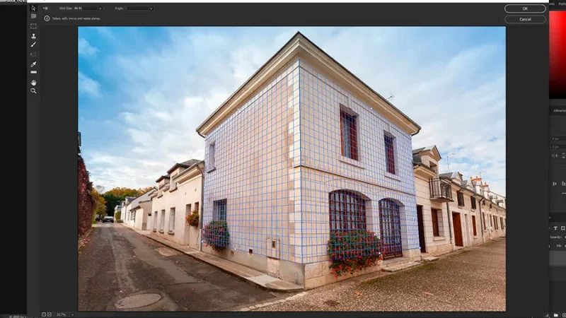 Highlighted vanishing point grid over two corner walls of a building in adobe photoshop