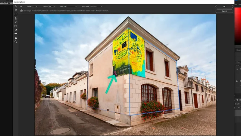 Artwork placed inside perspective planes over the corner of a building in adobe photoshop