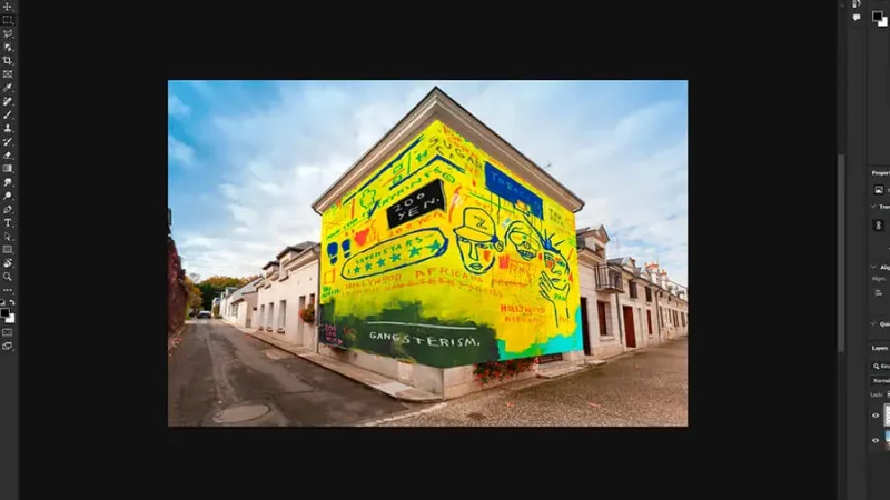 Artwork in perspective over the corner walls of a building in adobe photoshop