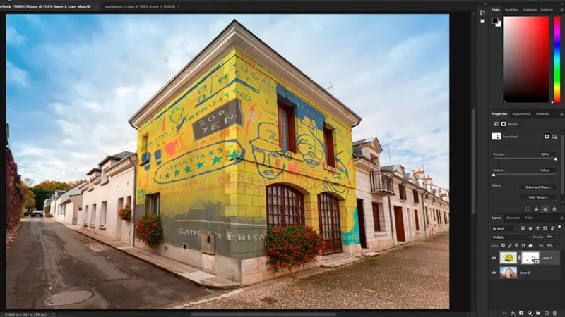 Edited artwork blended with building walls in adobe photoshop