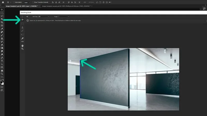 Create Plane tool and first plane node highlighted on black wall in adobe photoshop