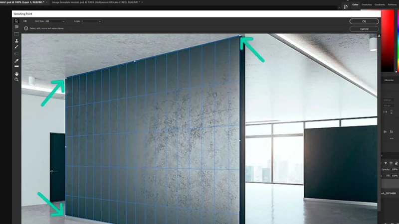 Highlighted grid over black wall in adobe photoshop set for final adjustments