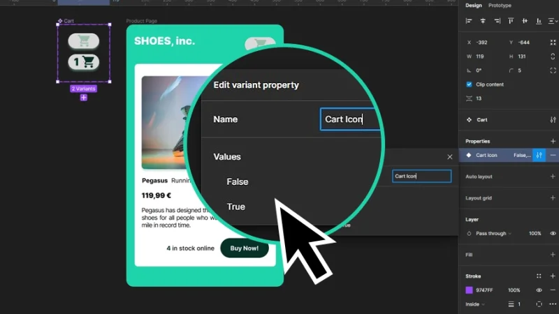 component variants labeled true and false in figma