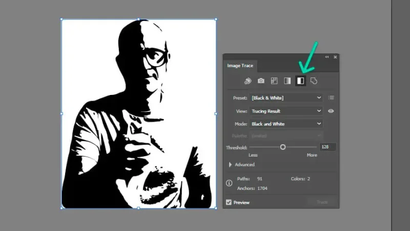 black and white preset version of daniel scott’s image traced photo in adobe illustrator