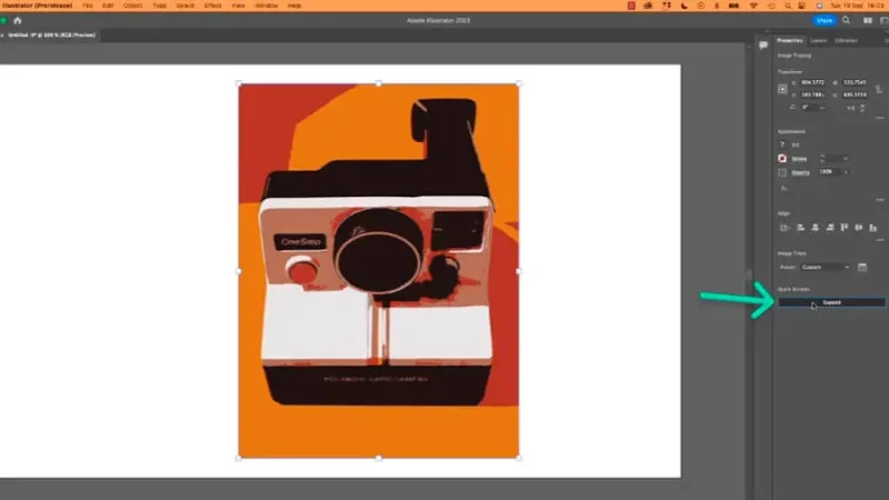 vector image of instant photo camera and highlighted expand button in adobe illustrator