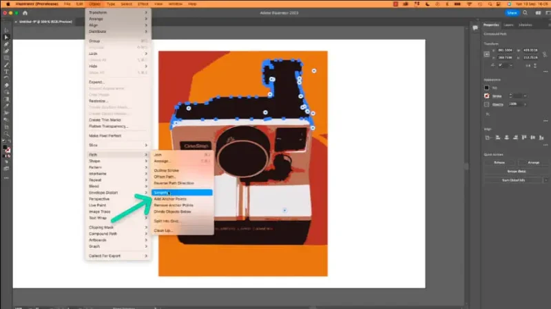highlighted simplify option and selection inside vector image of instant photo camera in adobe illustrator