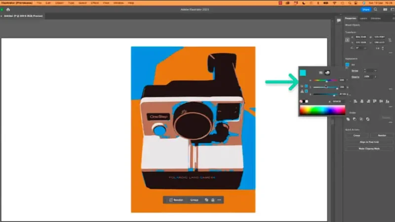 color mixer panel and changes made inside vector image of instant photo camera in adobe illustrator