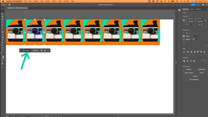 Recolor button highlighted in the contextual taskbar in Illustrator