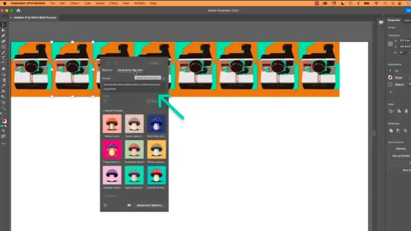 multiple copies of vector image of instant photo camera and highlighted generative recolor panel in adobe illustrator