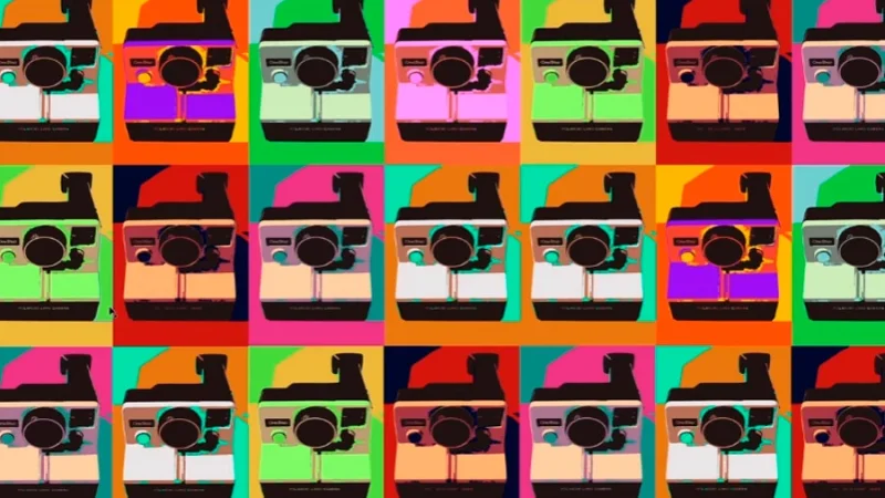 pop art styled mosaic of multiple vector images of instant photo camera in adobe illustrator