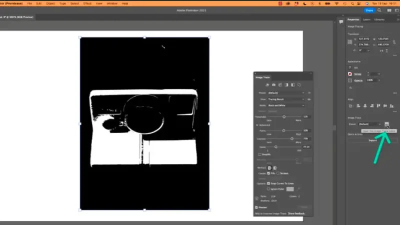highlighted image trace panel and settings in adobe illustrator