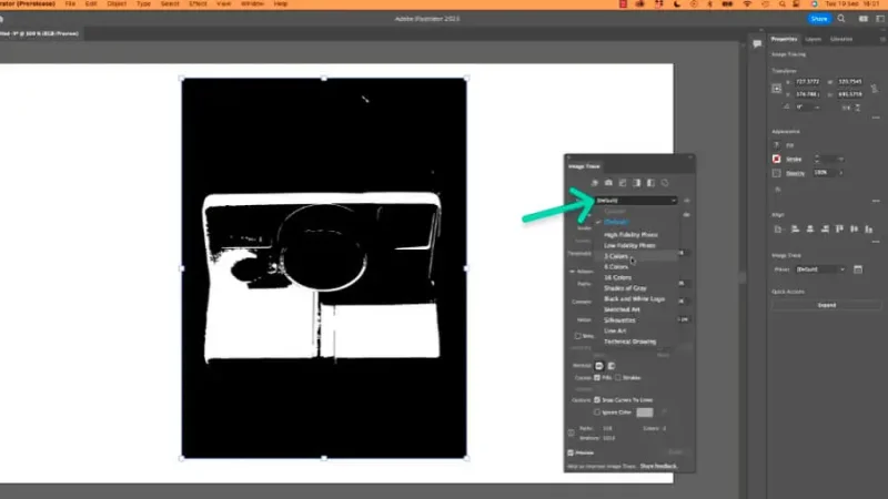 image trace presets dropdown menu in adobe illustrator