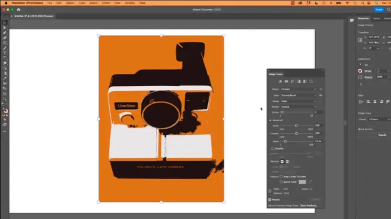 vector artwork of instant photo camera displayed in three colors in adobe illustrator