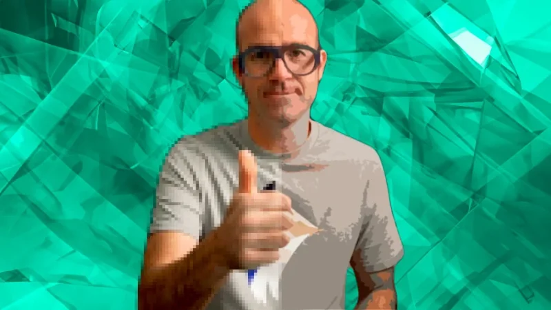 Split image of dan scott comparing pixel grid effect and vector look.