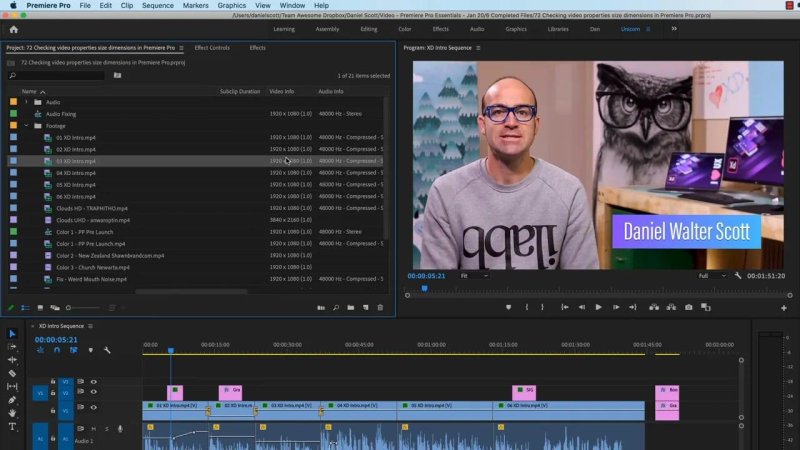 Premiere Pro Project panel displaying columns for Video Info ($1920\times 1080$) and Audio Info across imported media clips.