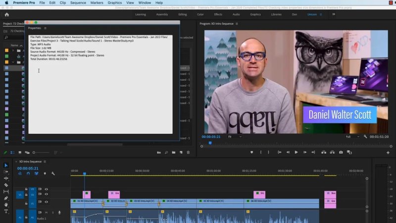 Premiere Pro Properties dialog box displaying technical metadata, sample rate, and duration for an MP3 audio file.