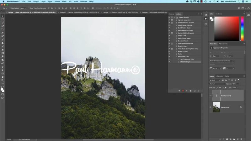 Photoshop workspace displaying a vertical photo of forested mountains with a white cursive watermark across the center, alongside the Actions and Layers panels.