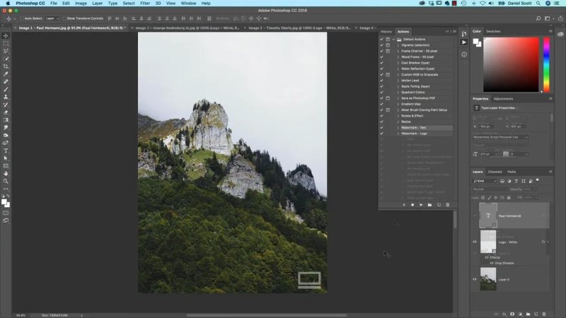 Photoshop interface showing a vertical mountain photograph with a small white rectangular logo watermark placed in the lower-right corner, with the Actions panel listing 