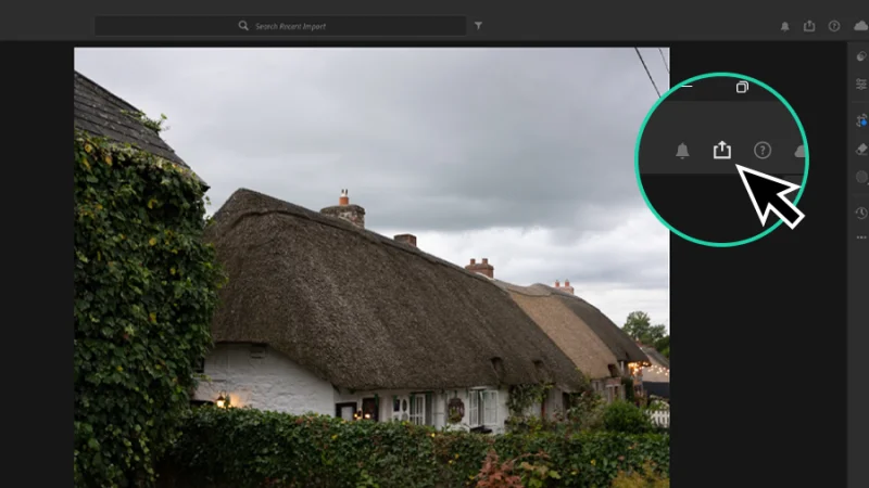 image of country houses and magnified export button in lightroom