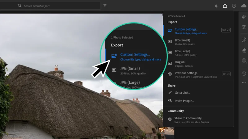 custom settings option magnified from the export panel in lightroom