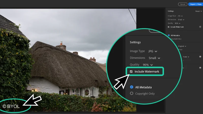 checking the include watermark feature and live watermark preview in lightroom