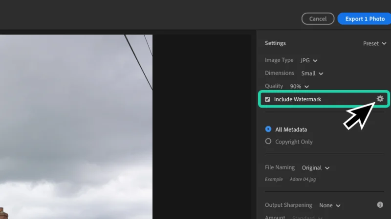customize watermark button highlighted in lightroom