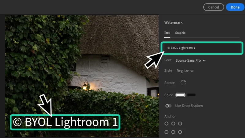 text field highlighted in the customize watermark panel in lightroom